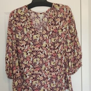 Ava And Viv 2x Burgundy Floral Print Women's Top 3/4 Sleeves